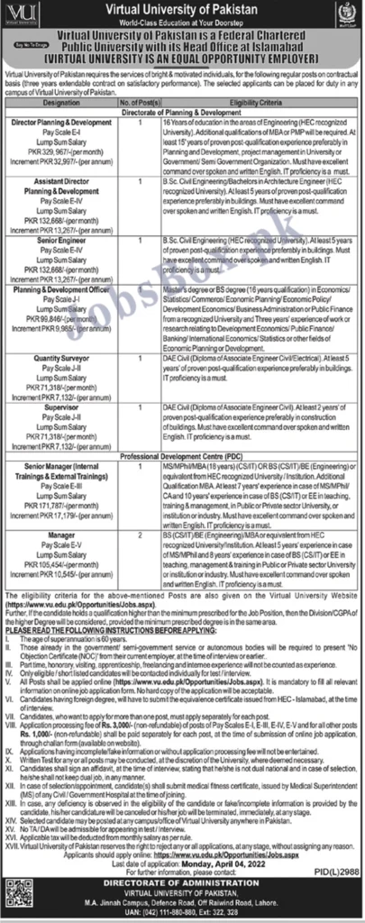 Virtual University of Pakistan VU Jobs 2022 Apply Online www.vu.edu.pk