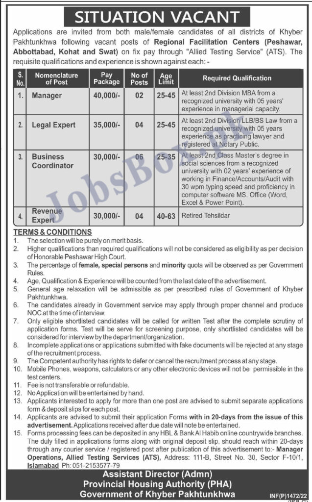 KPK Provincial Housing Authority Jobs 2022 PHA – Application Form