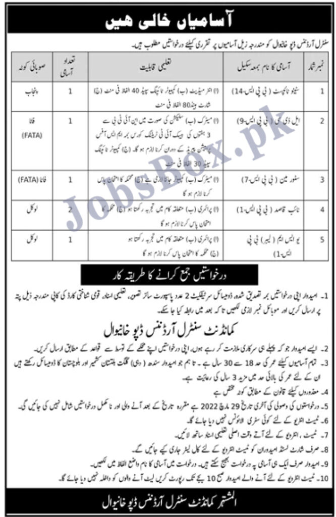 Pakistan Army Central Ordnance Depot COD Khanewal Jobs 2022