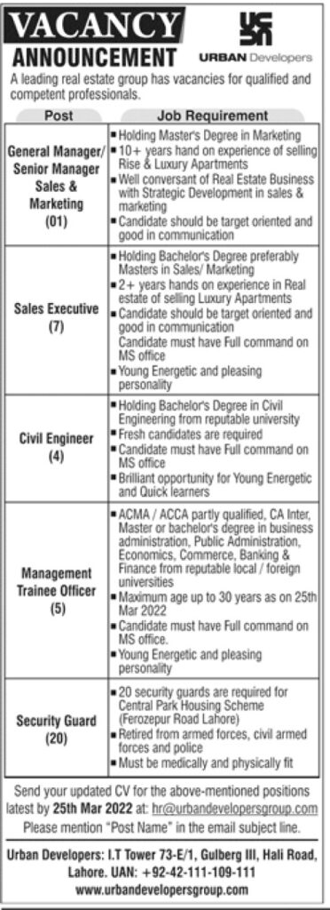 Urban Developers Jobs 2022 March Advertisement