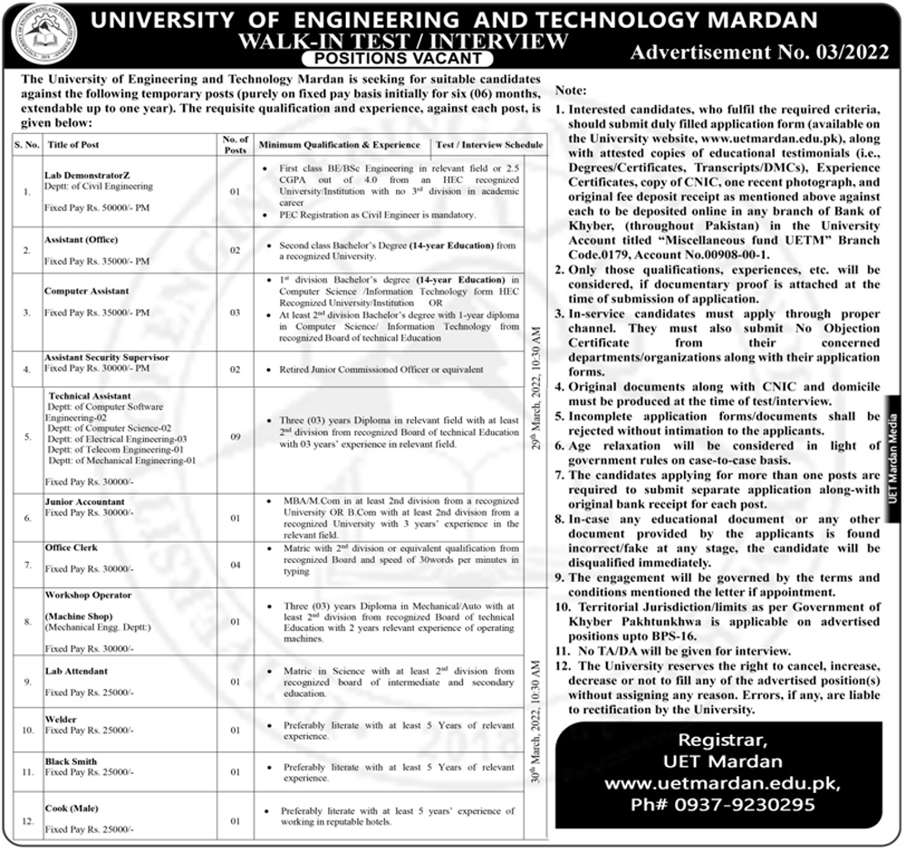 UET Mardan Jobs 2022 University of Engineering & Technology