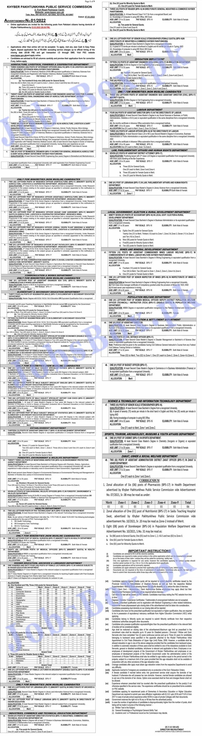 KPPSC Jobs 2022 Advertisement No 1 KPK Public Service Commission