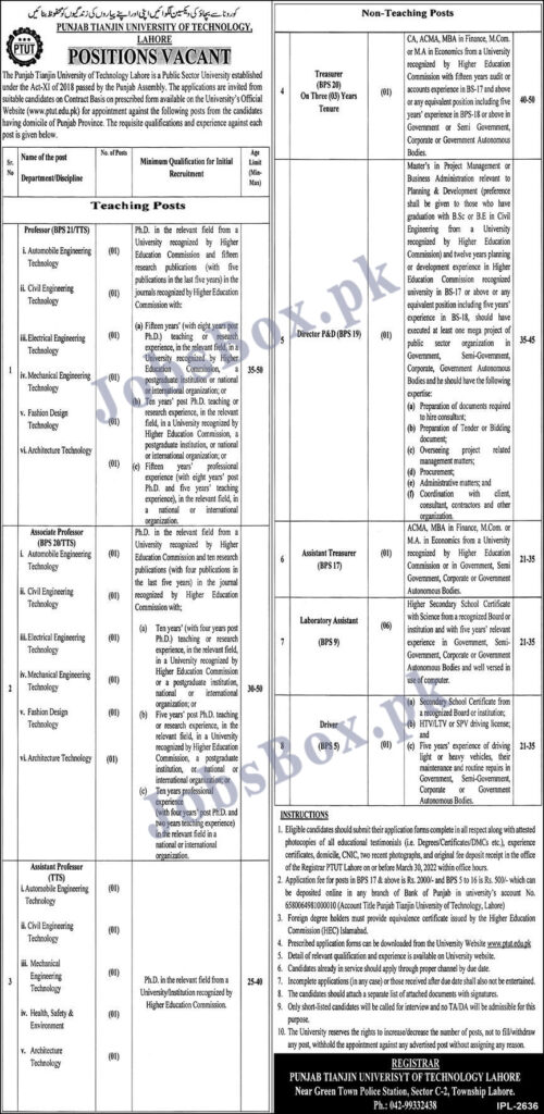 Punjab Tianjin University of Technology PTUT Jobs 2022