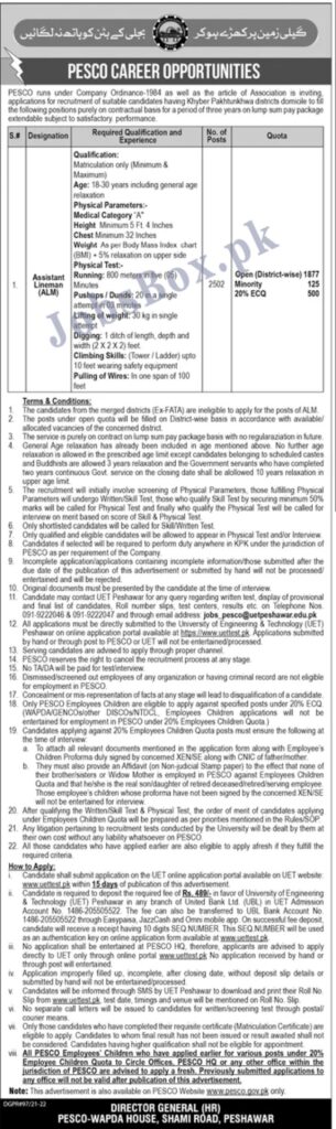 Assistant Lineman ALM Jobs 2022 in PESCO – www.uettest.pk