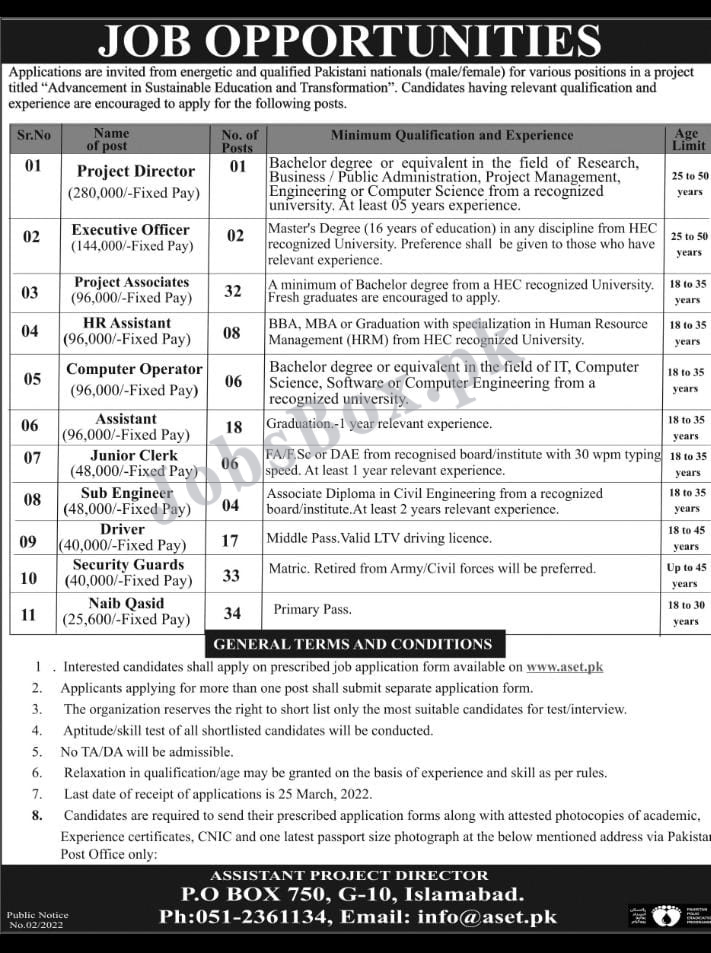 PO Box 750 Islamabad Jobs 2022 in Education Project for Pakistanis