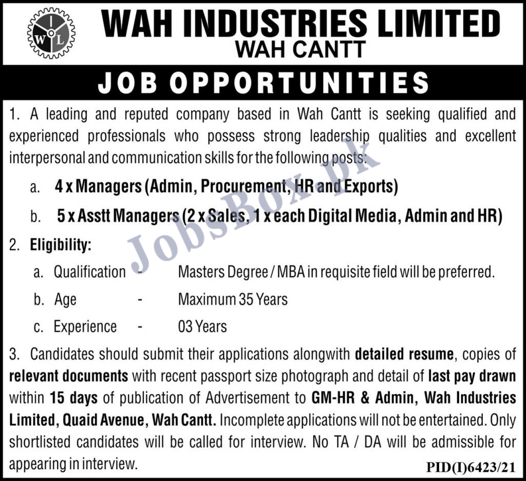 Wah Industries Limited Jobs 2022 Latest Advertisement