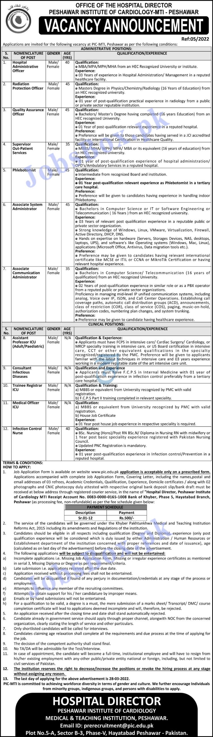 Peshawar Institute of Cardiology PIC Jobs 2022 – Application Form