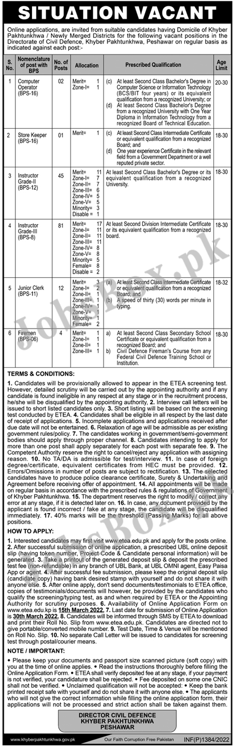 Civil Defence Department KPK Jobs 2022 Online Apply Date via ETEA