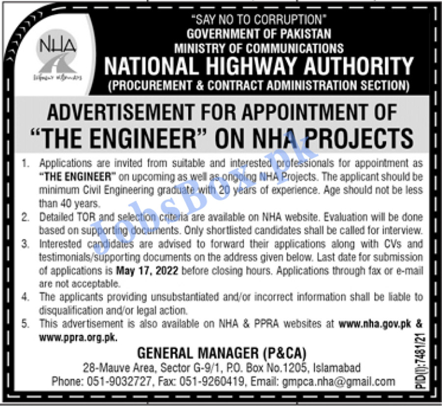 National Highway Authority NHA Jobs 2022 Online Form www.nha.gov.pk