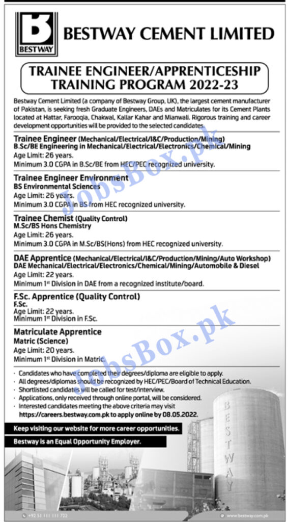 Bestway Cement Trainee Engineer/Apprenticeship Program 2022-23