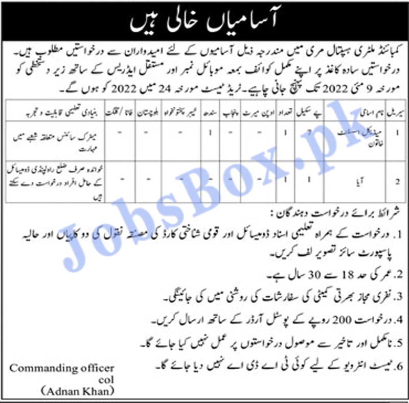 CMH Murree Jobs 2022 Combined Military Hospital