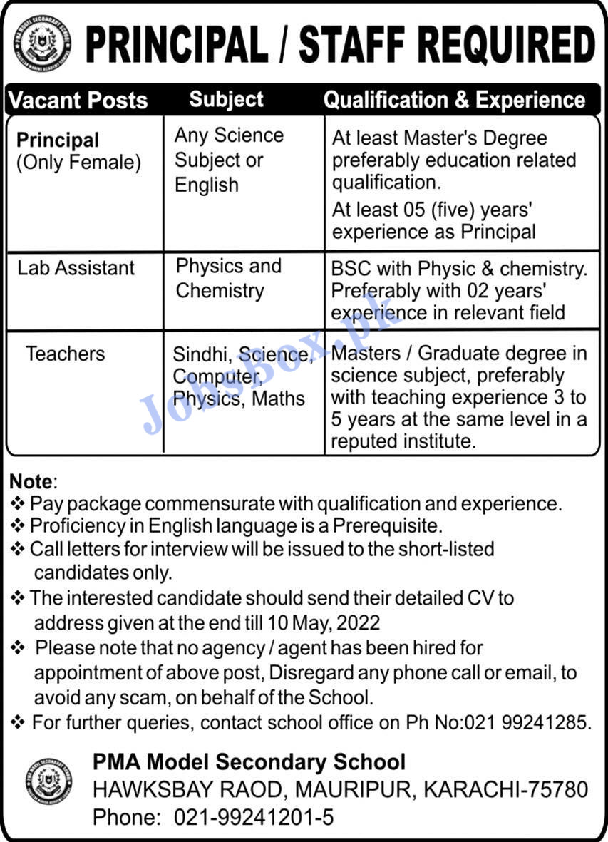 Pakistan Marine Academy PMA Model Secondary School Jobs 2022