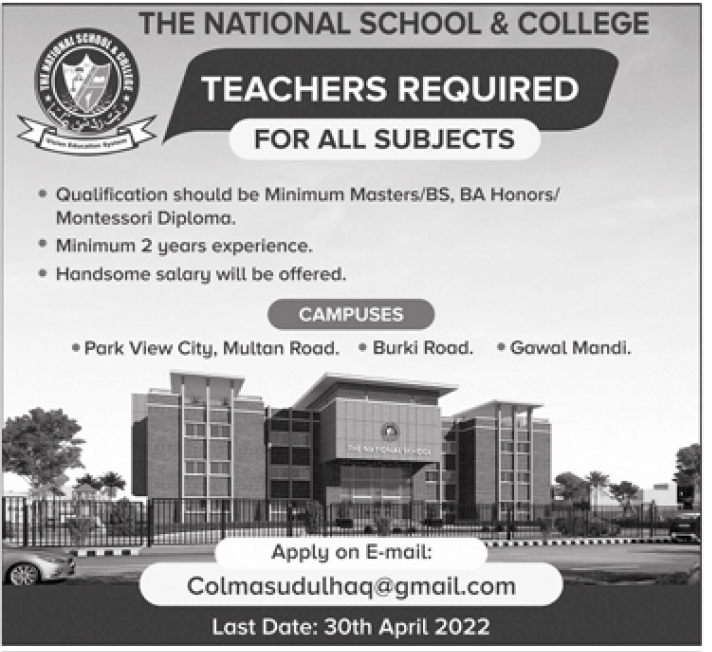 The National School & College Lahore Jobs 2022 Online CVs