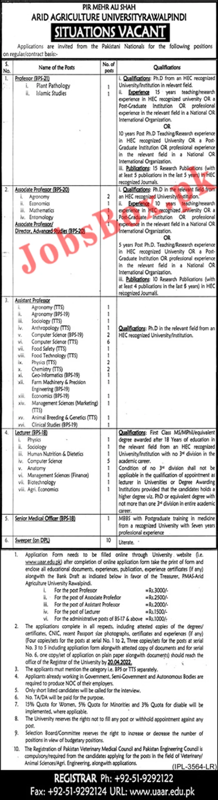 Pir Mehr Ali Shah Arid Agriculture University Jobs 2022 UAAR