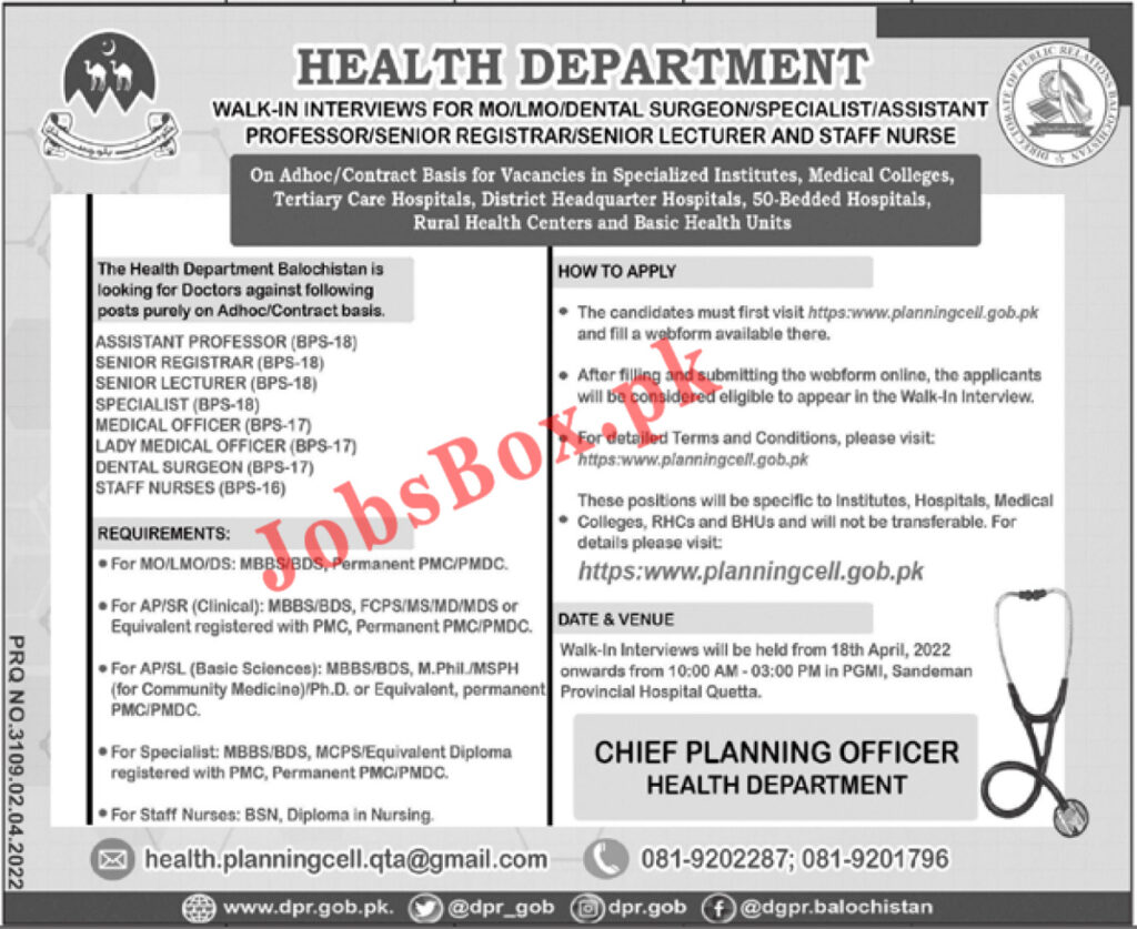 Health Department Balochistan Jobs 2022 via Walk in Interview