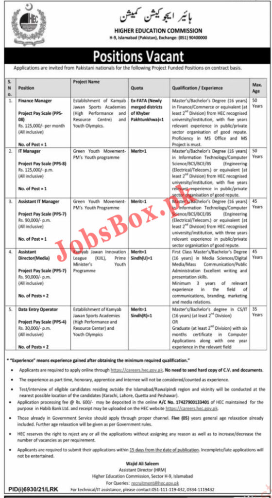Higher Education Commission HEC Jobs 2022 – Careers.hec.gov.pk