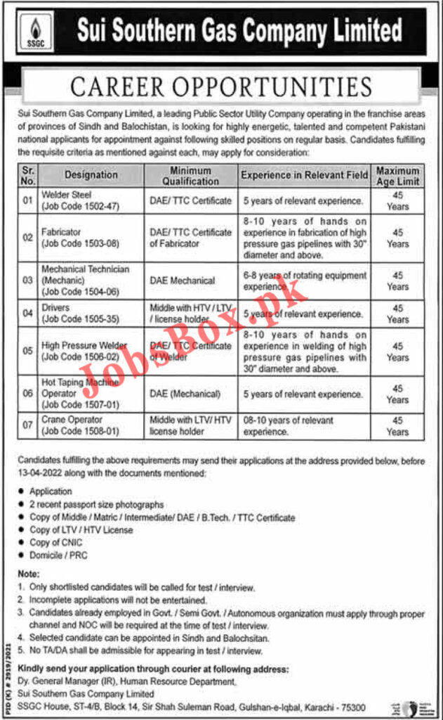 Sui Southern Gas Company SSGC Jobs 2022 April Advertisement