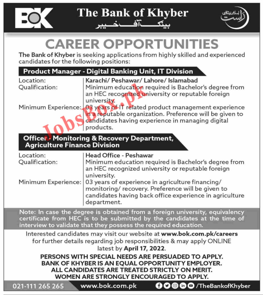 Bank of Khyber BOK Jobs 2022 April Recruitment – www.bok.com.pk