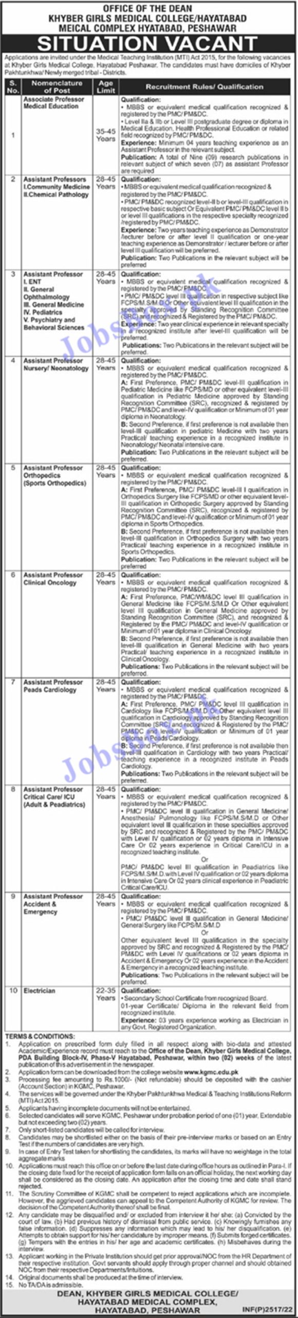 Khyber Girls Medical College Peshawar Jobs 2022 Latest Recruitment