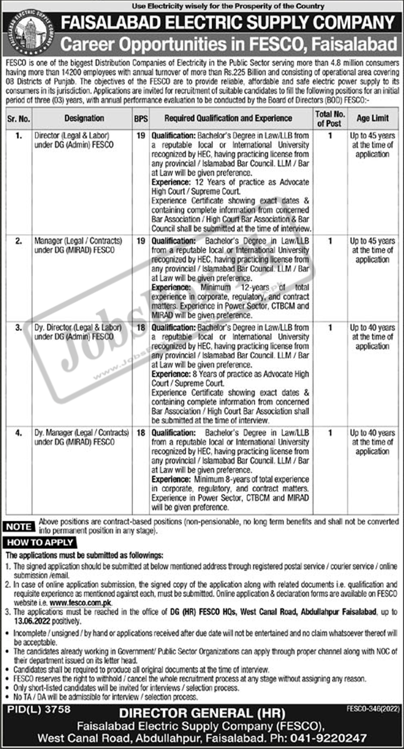 FESCO Jobs 2022 Faisalabad Electric Supply Company | www.fesco.com.pk