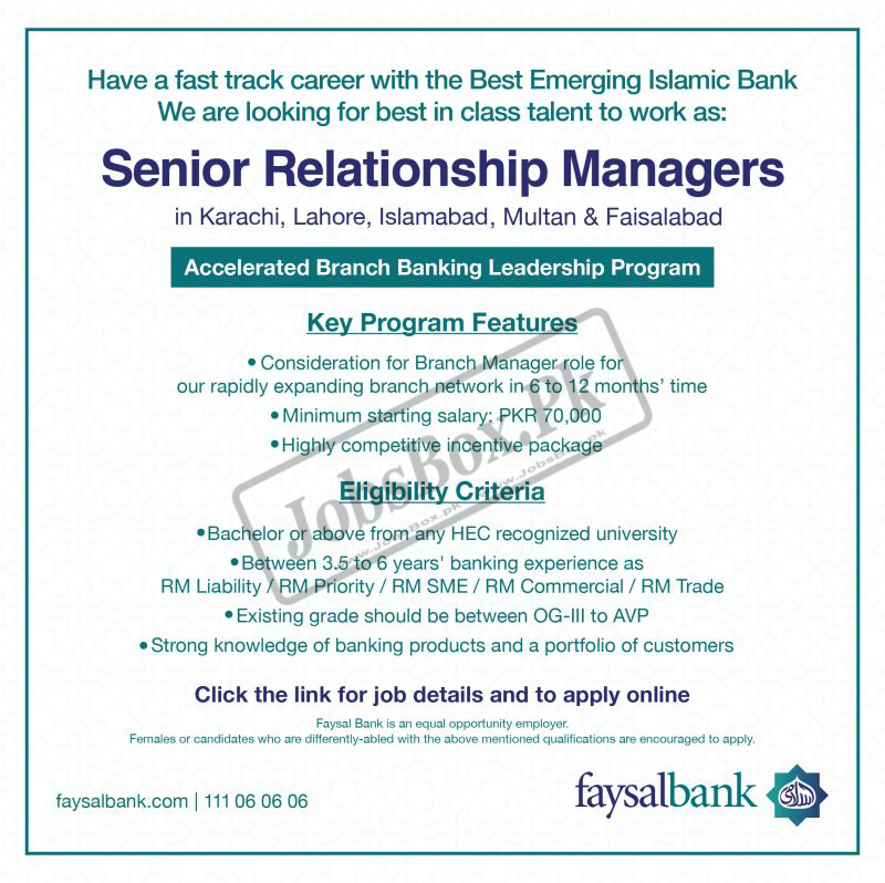 Faysal Bank Jobs 2022 for Senior Relationship Managers – Online Form