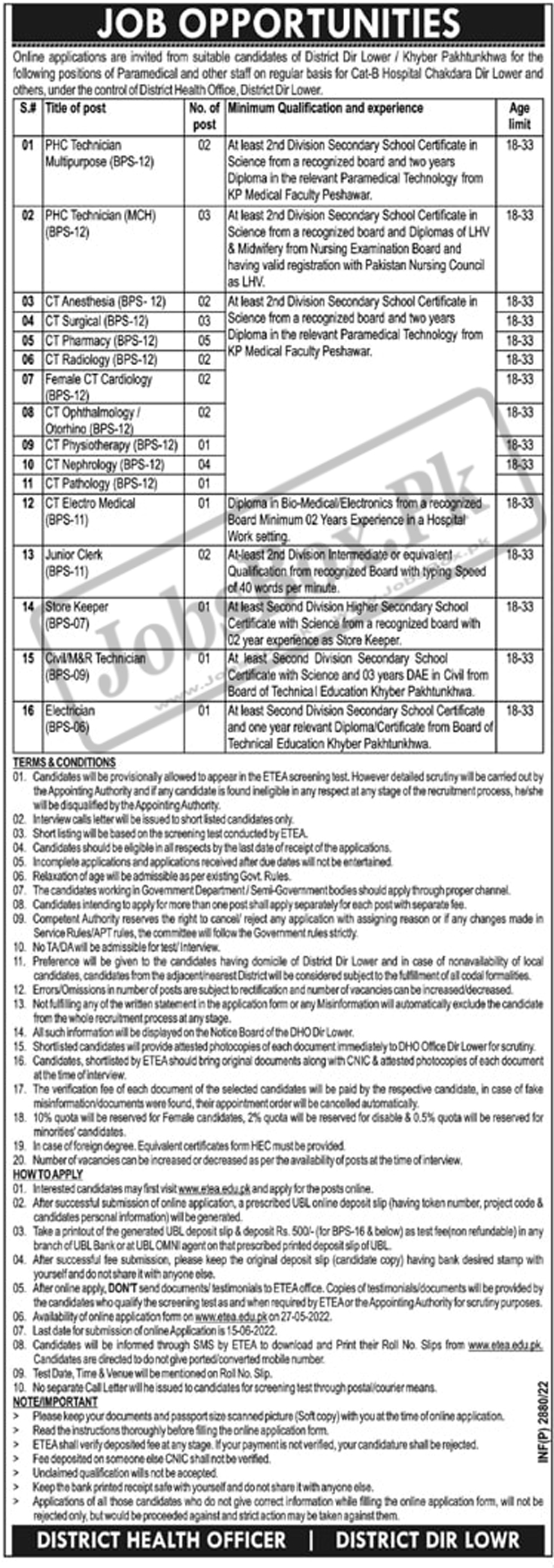 District Health Authority Dir Lower Jobs 2022 via ETEA Online Form