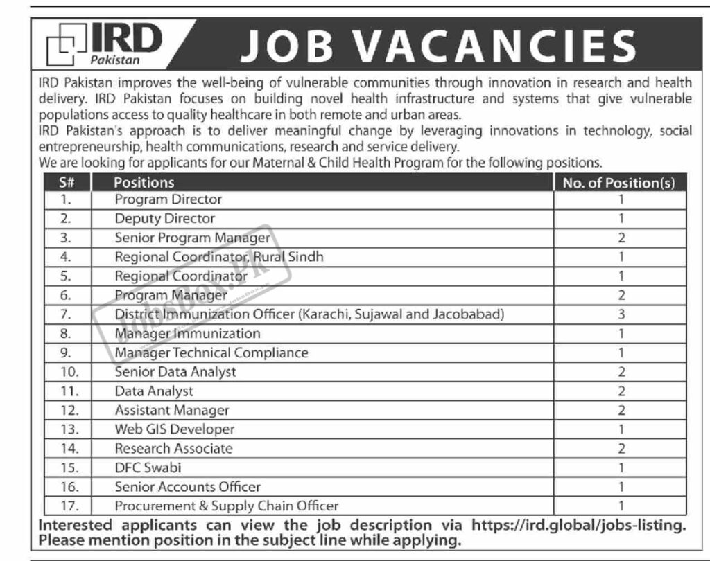 IRD Pakistan Jobs 2022 for Maternal & Child Health Program