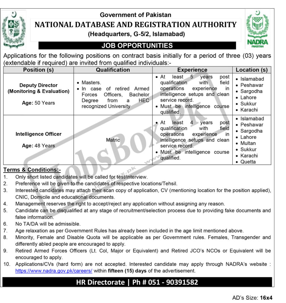 NADRA Jobs 2022 Ministry of Interior – Online Form at www.nadra.gov.pk