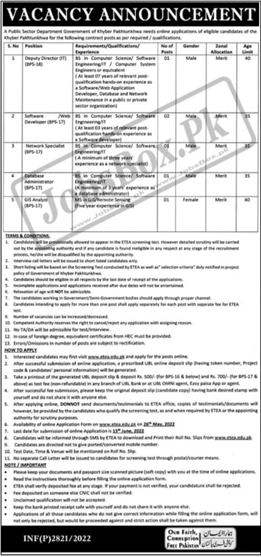 Government Department KPK Jobs 2022 via ETEA | www.etea.edu.pk