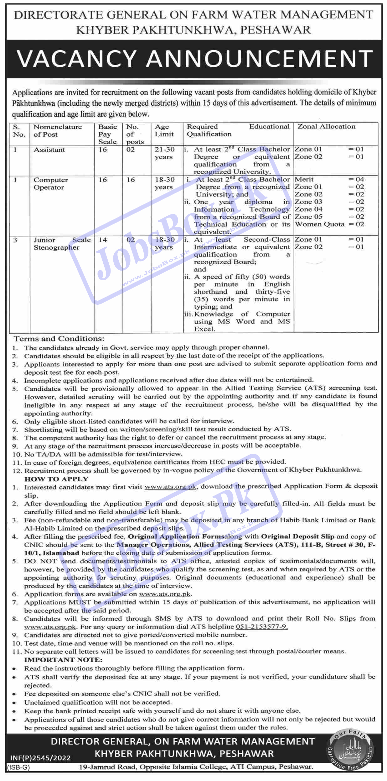 Directorate On-Farm Water Management KPK Jobs 2022 Download Form