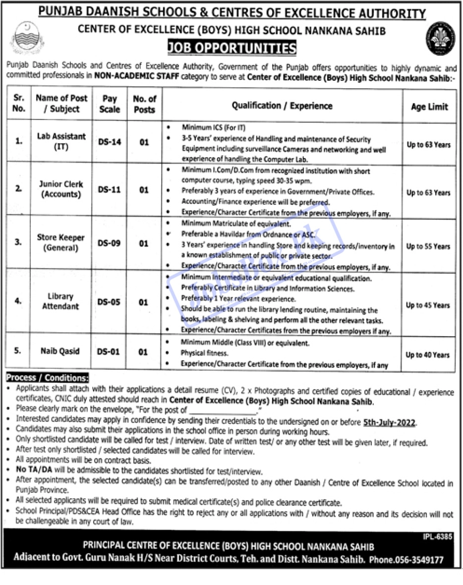 Punjab Daanish High School Nankana Sahib Jobs 2022