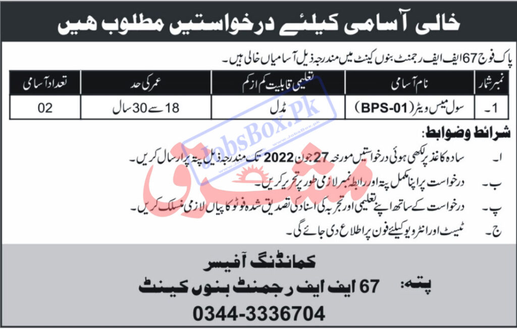 Pak Army FF Regiment Bannu Jobs 2022 for Fireman