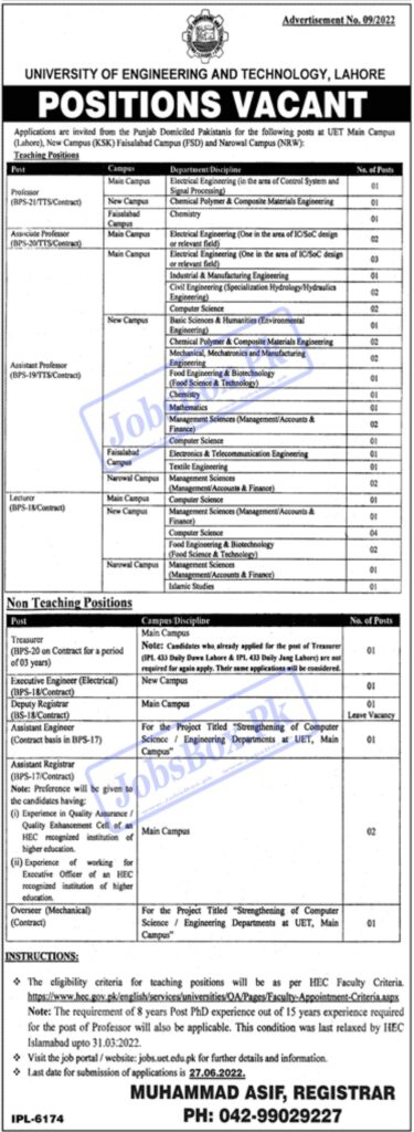 UET Lahore Jobs 2022 Current Vacancies | www.jobs.uet.edu.pk