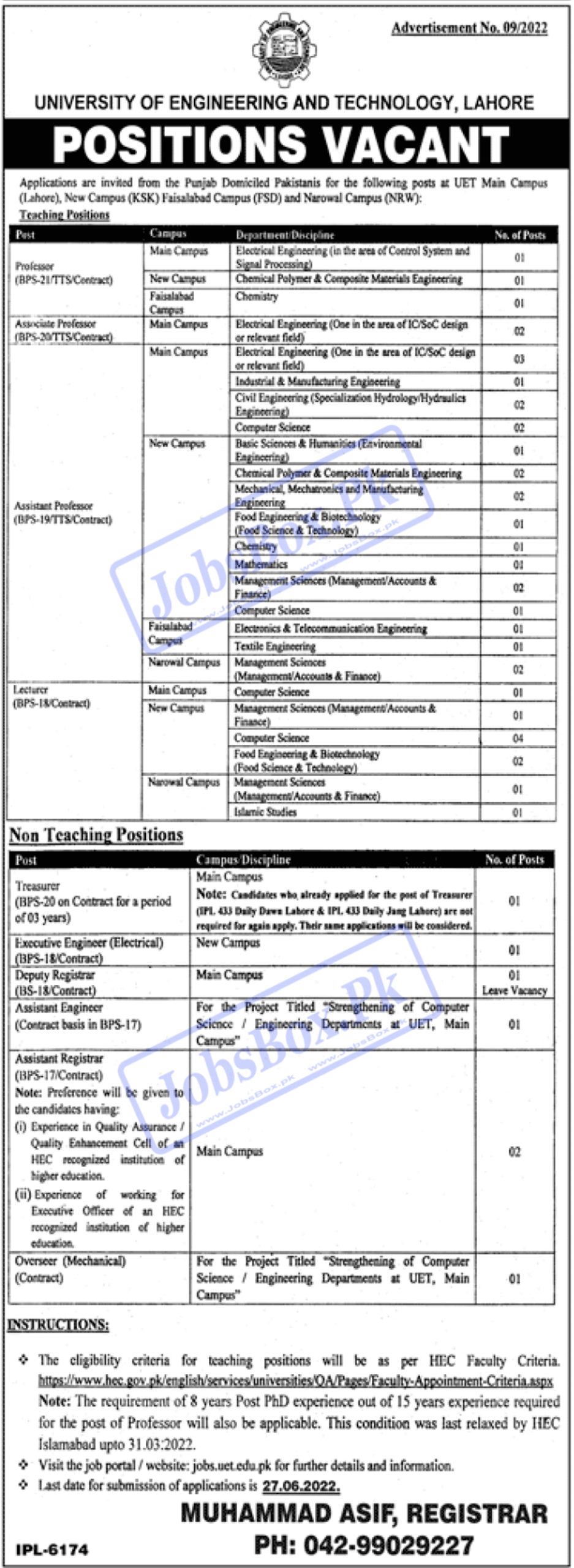 UET Lahore Jobs 2022 Current Vacancies | www.jobs.uet.edu.pk