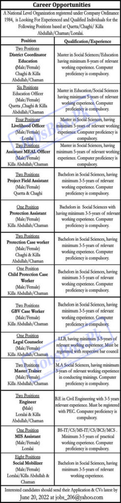 National Level Organization Balochistan Jobs 2022 in Education Project