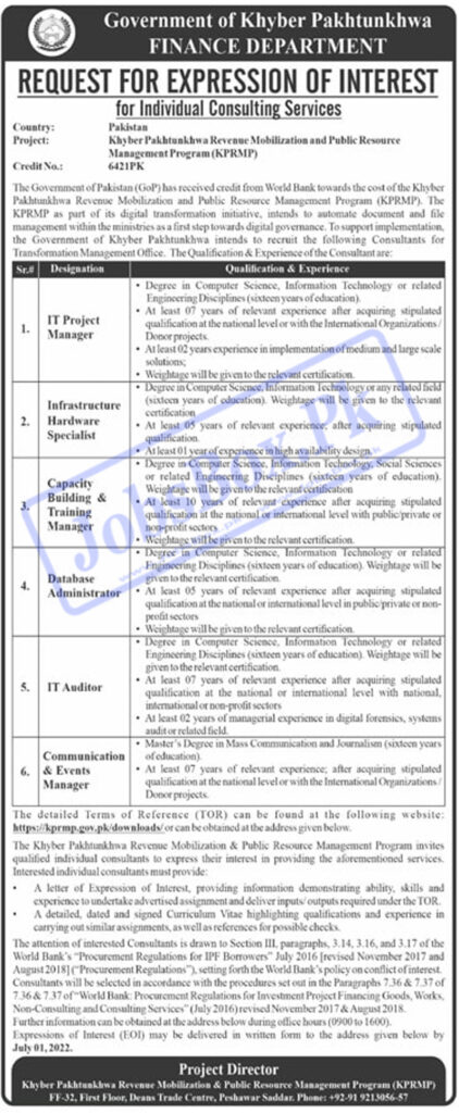 Finance Department KPK Jobs 2022 Download Application Form