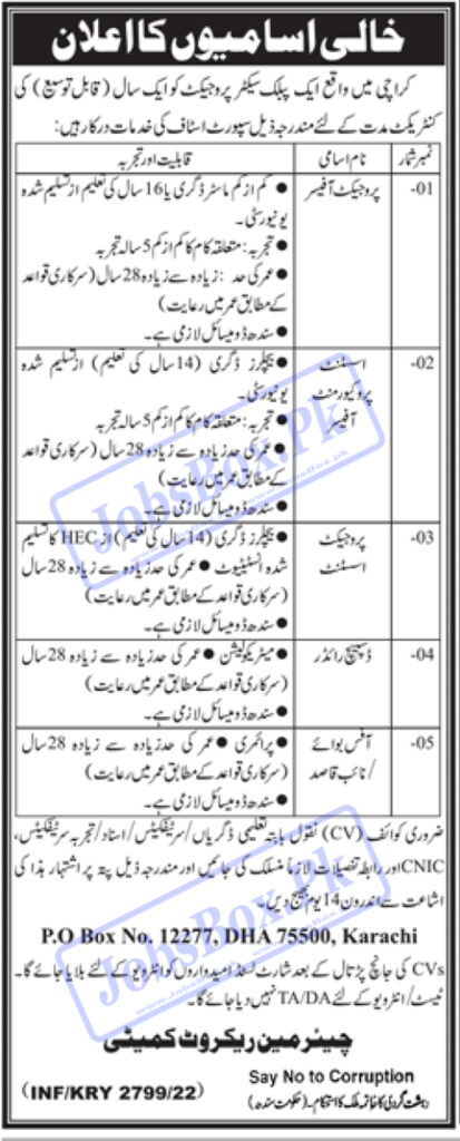 Sindh Government Jobs 2022 – PO Box 12277 Karachi Career