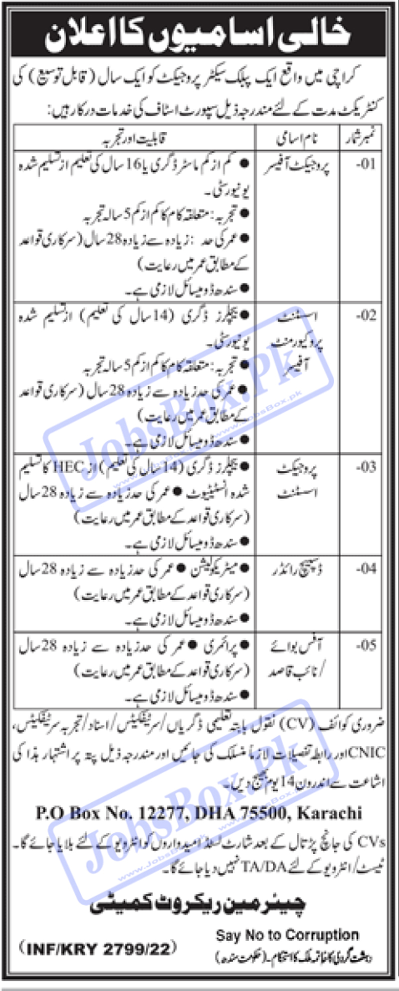 Sindh Government Jobs 2022 – PO Box 12277 Karachi Career