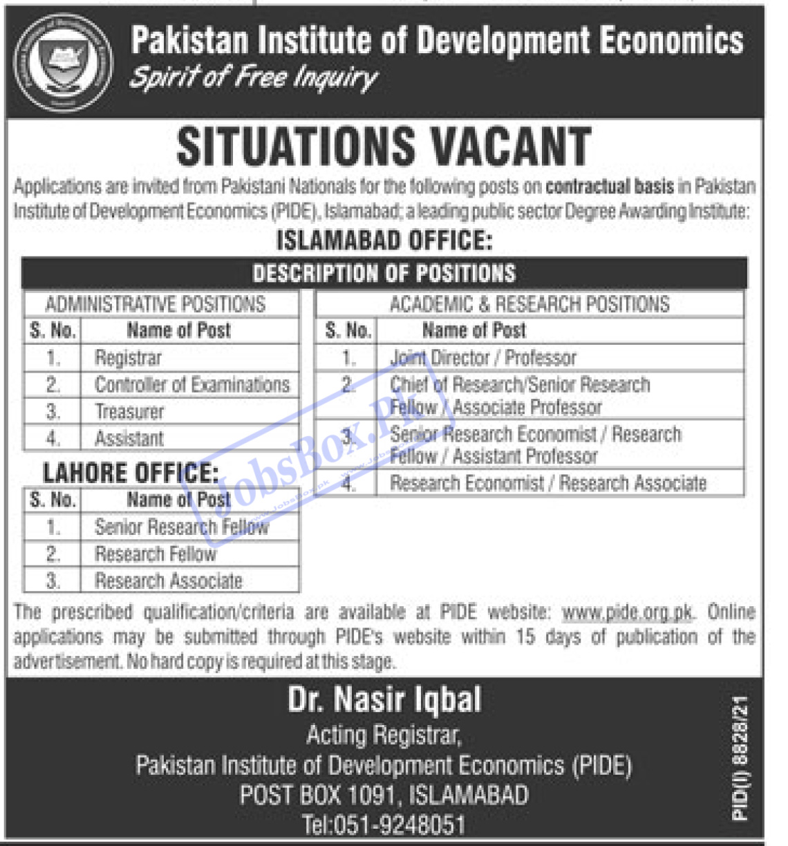 Pakistan Institute of Development Economics PIDE Jobs 2022