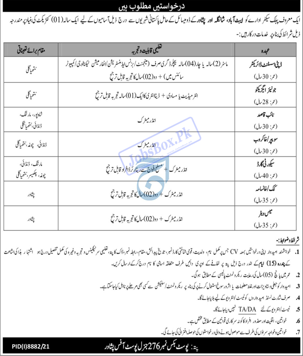 Post Box No 276 Peshawar Jobs 2022 – Public Sector Institute Careers