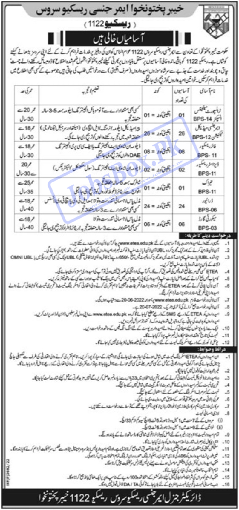 Rescue 1122 Jobs 2022 in KPK for Residents of KPK | www.etea.edu.pk