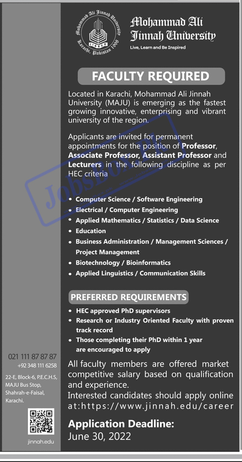 Muhammad Ali Jinnah University Jobs 2022 – MAJU Karachi Careers