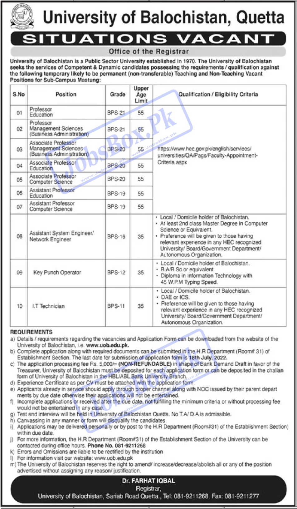 University of Balochistan UOB Jobs 2022 | www.uob.edu.pk