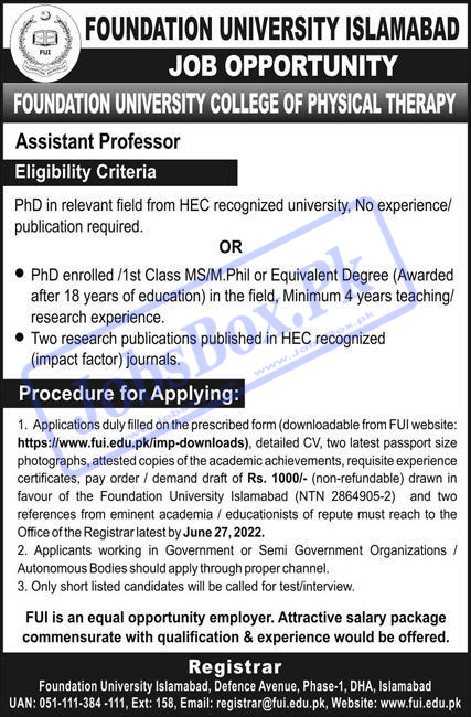 Foundation University Islamabad FUI Jobs 2022 | www.fui.edu.pk