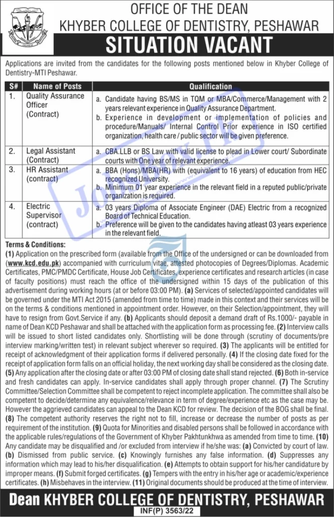 Khyber College of Dentistry Peshawar Jobs 2022 | www.kcd.edu.pk