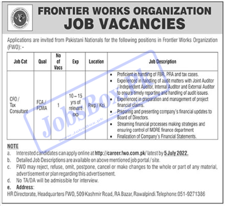 Frontier Works Organization FWO Jobs 2022 I Career.fwo.com.pk