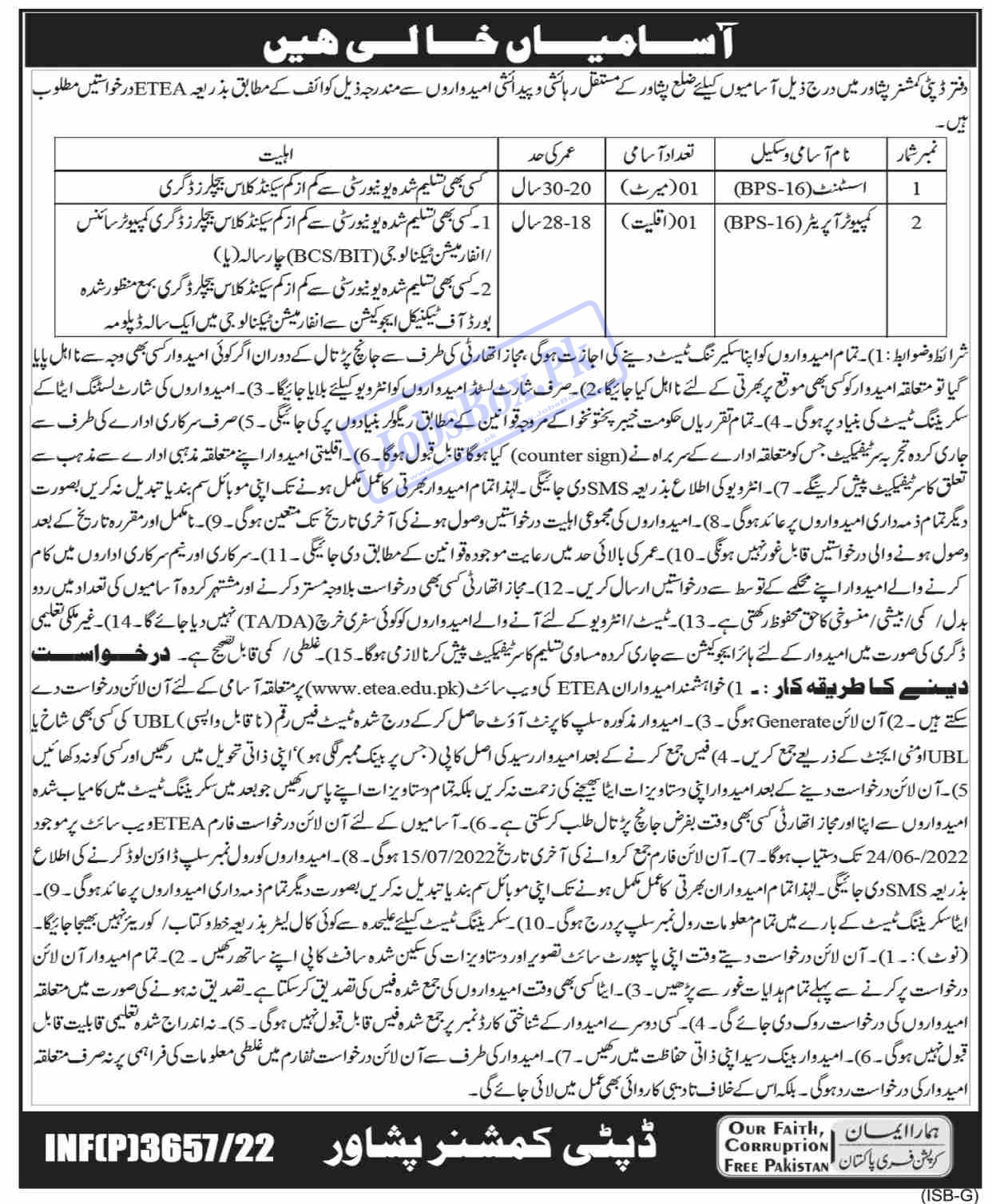 Deputy Commissioner Office Peshawar Jobs 2022 – Fill Online Form