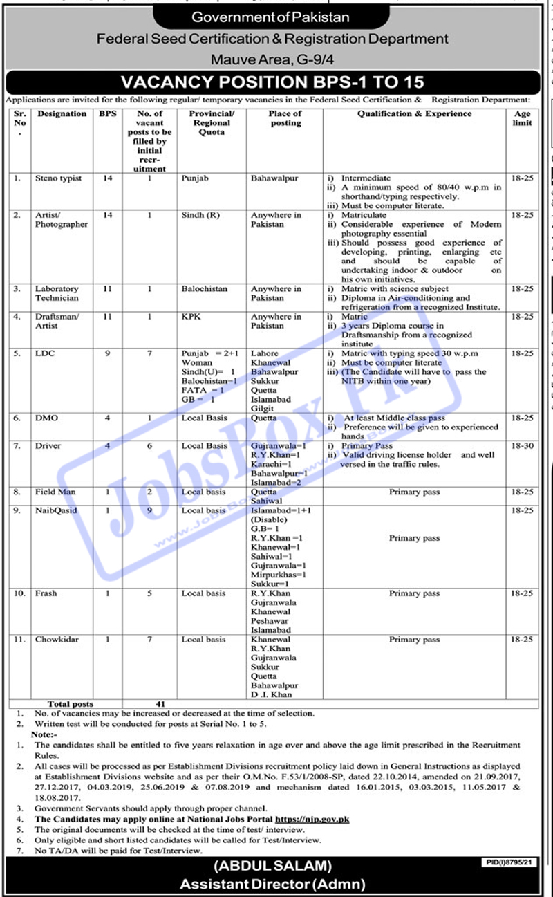 Federal Seed Certification & Registration Department Jobs 2022