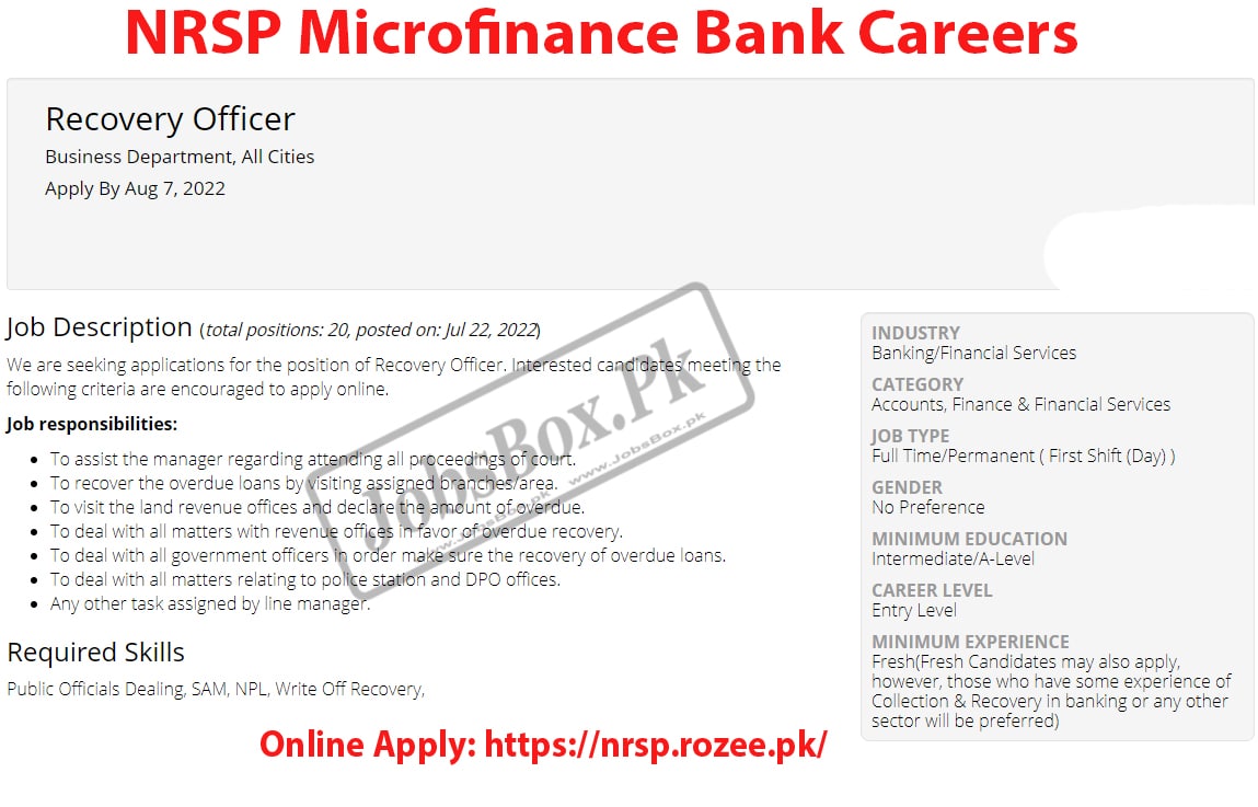 Recovery Officers Jobs in Pakistan at NRSP Microfinance Bank 2022