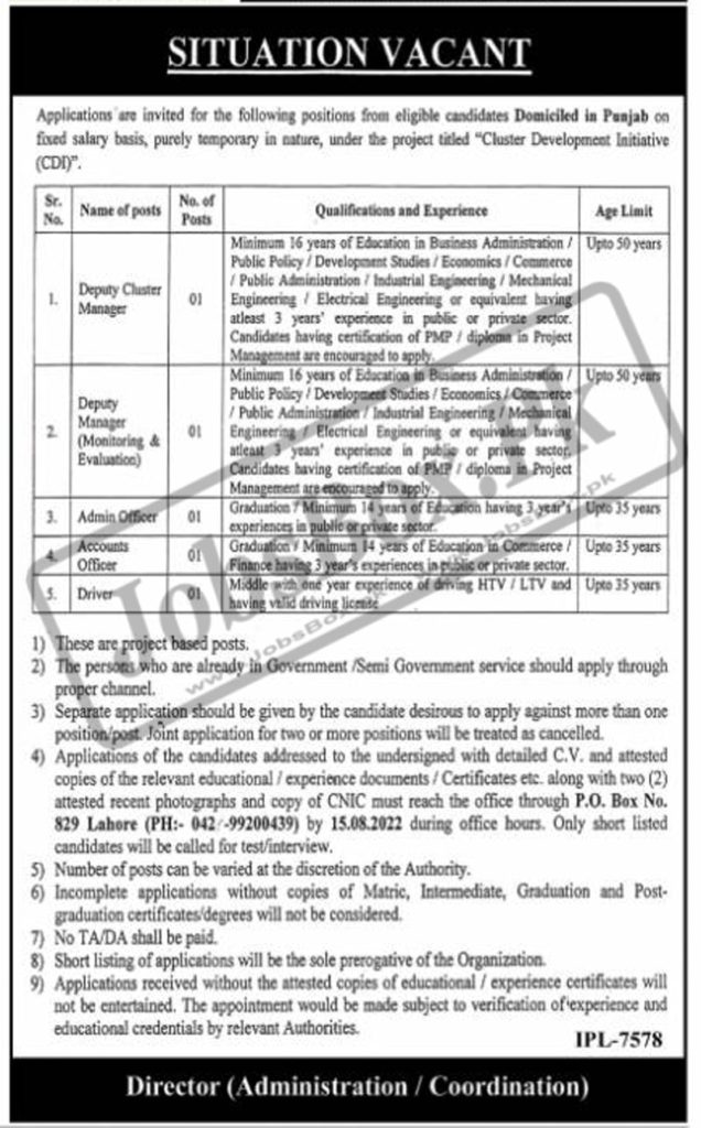 Government Jobs in Punjab PO Box No 829 Lahore 2022